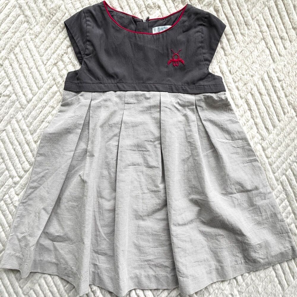 Okaidi Girls 3Y Gray Pleated Dress French Designer Cap Sleeve Cotton